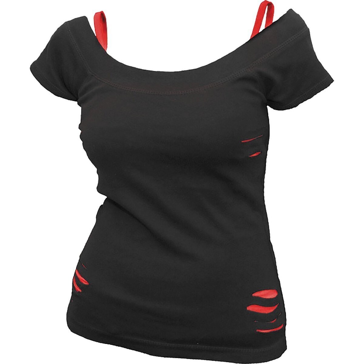 URBAN FASHION - 2in1 Red Ripped Top Black