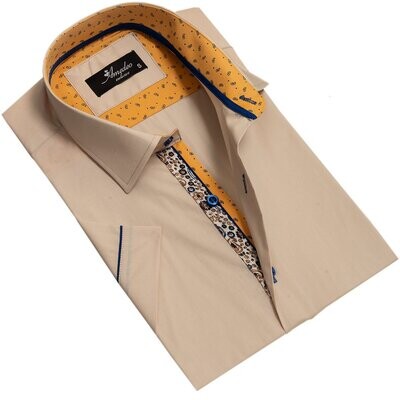 Beige Mens Short Sleeve Button up Shirts - Tailored Slim Fit Cotton