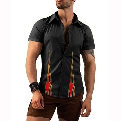 Black men's short-sleeve shirt high-quality flame print slim top casual clothing 2022