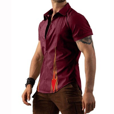 Red men's flame print slim top short-sleeve shirt 2022
