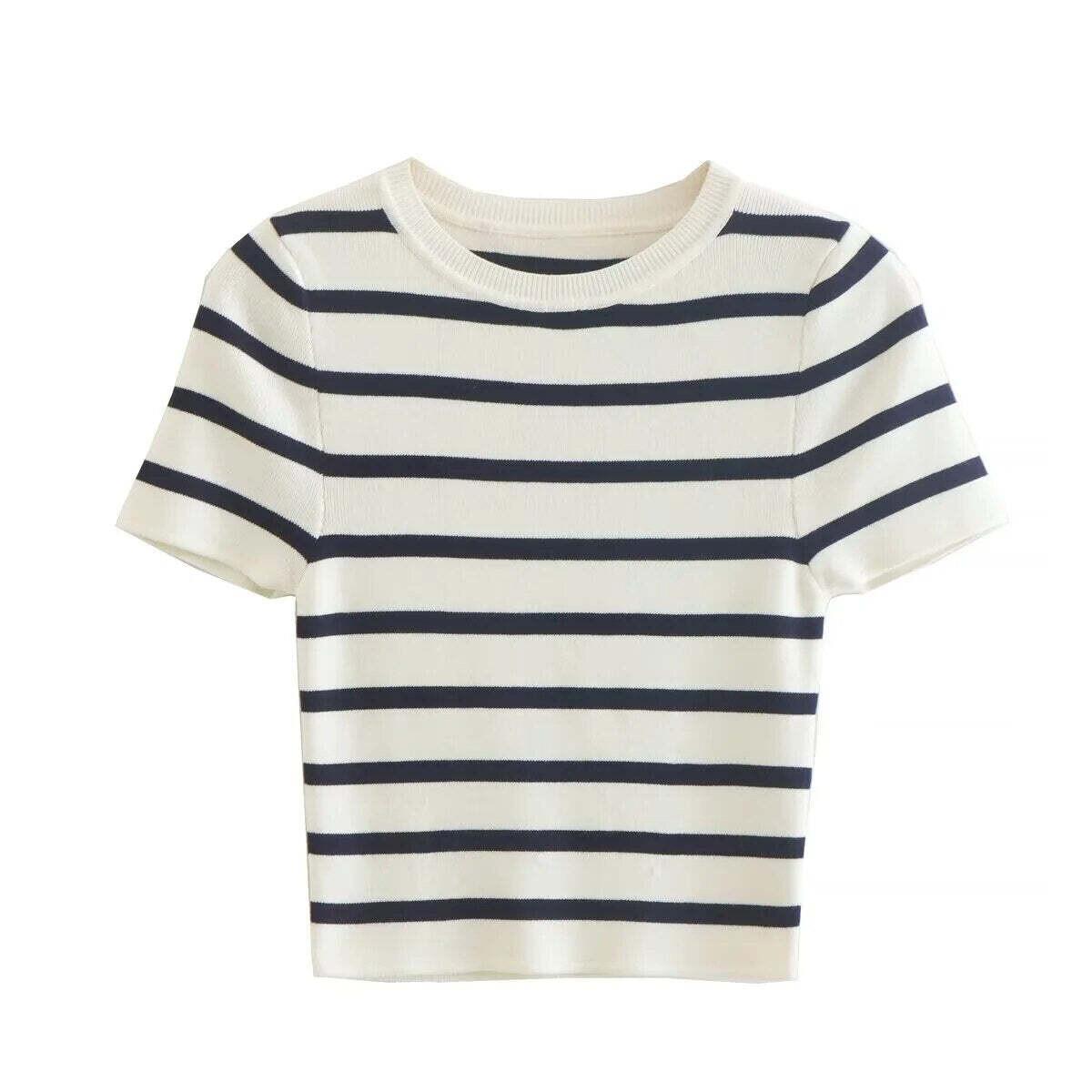 Striped Crop T Shirt Knitted Elastic Slim Casual Top