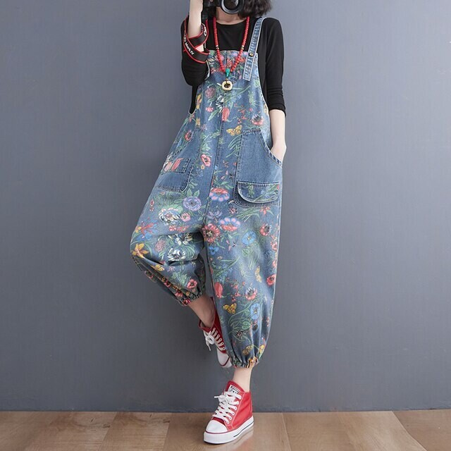Fashion Streetwear Print Floral Denim Overalls For Women Dungarees New