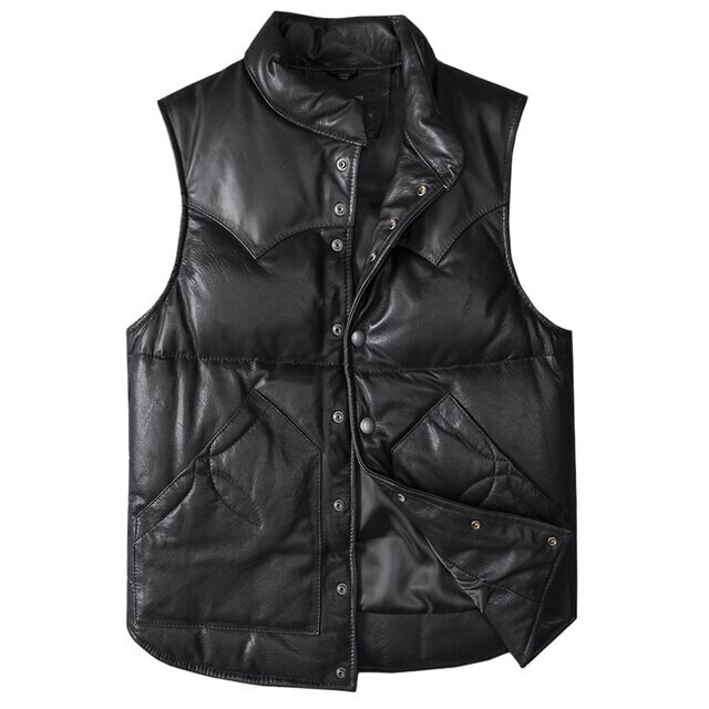 Men's Black Leather Vest.90% white duck down vest.goatskin