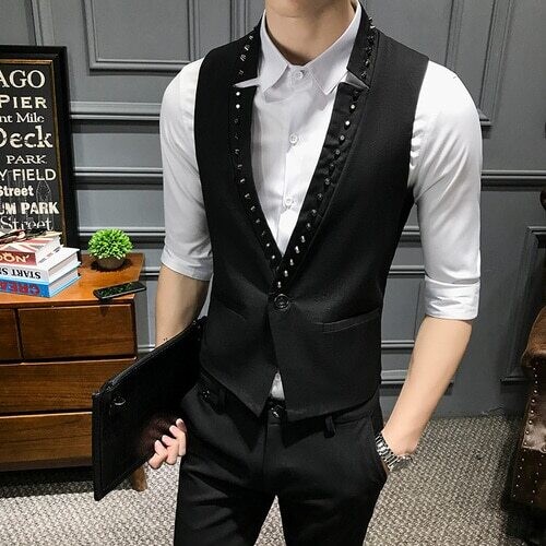 Yasuguoji New 2022 Punk Style Rivet Male Vest Fashion V-neck One