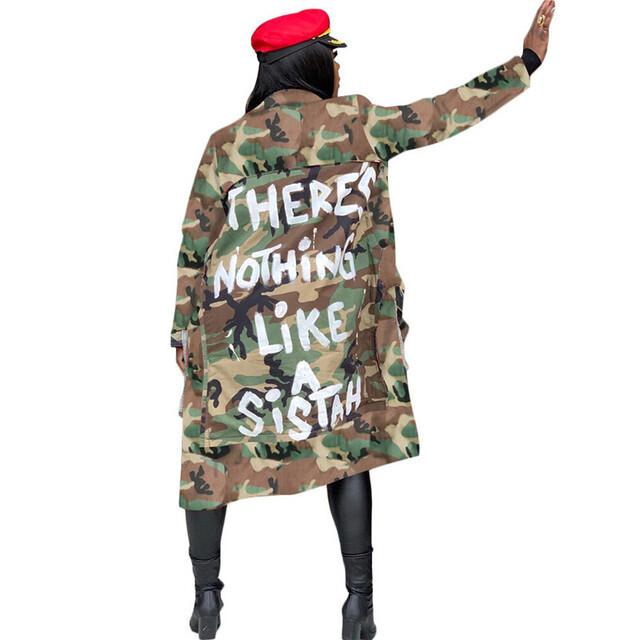 Camouflage Trench Jacket Women 2020 Plus Size Clothing Letter Print