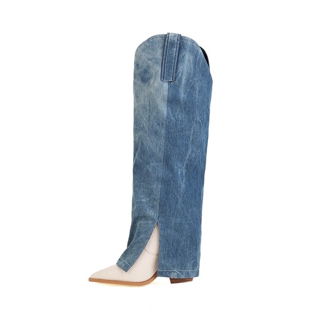 Denim Stitching Microfiber Women's Knee Length Boots Super High Wood