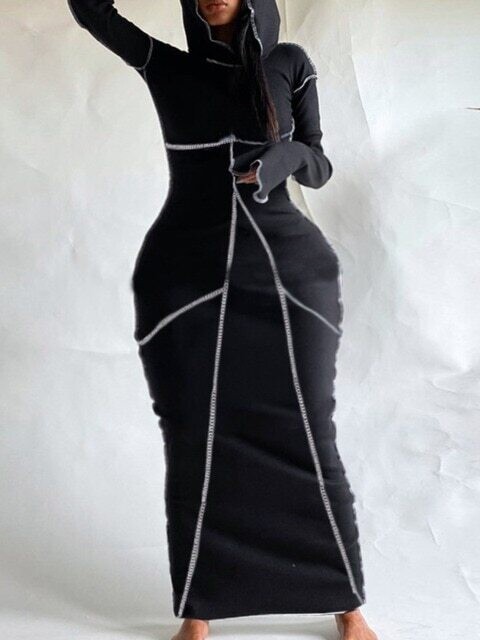 LW Plus Size Hooded Collar Striped Bodycon Dress Elegant black Bodycon