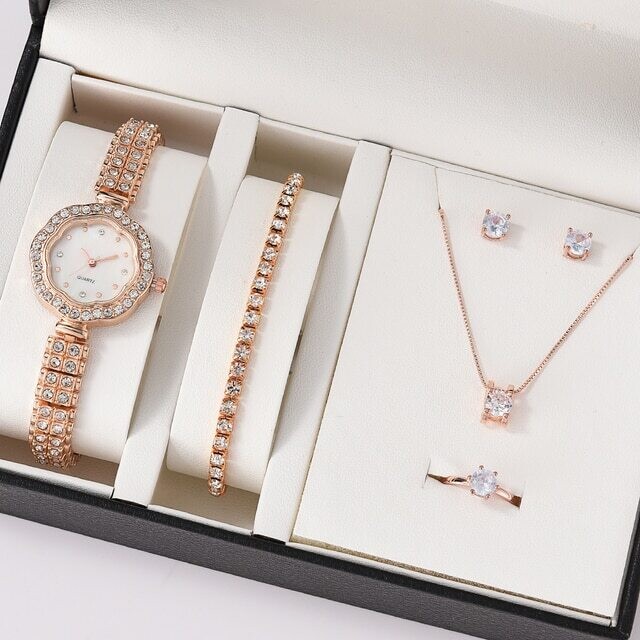 6pcs Set Luxury Watch Women Ring Necklace Earrings Rhinestone Fashion