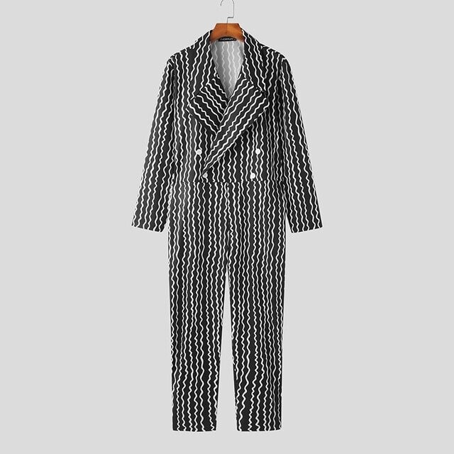 2022 Men Jumpsuits Printing Lapel Long Sleeve Double Breasted Casual
