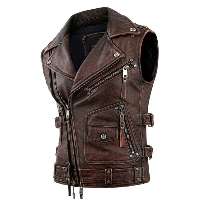 Vintage Brown Motorcycle Vests Men Natural Cowhide Genuine Leather