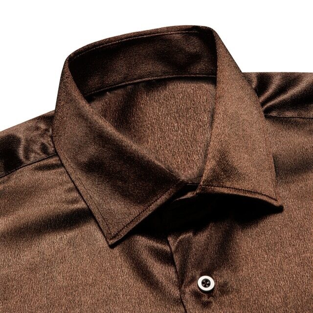 Hi-tie Plain Solid Silk Mens Dress Shirts Long Sleeve Pure Brown