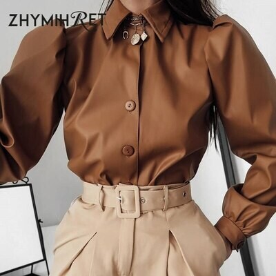 Zhymihret 2021 Autumn Winter Pu Leather Blouse Women Button Puff