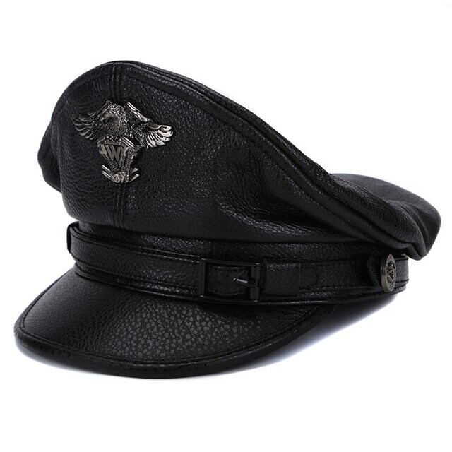 New Retro German Military Caps For Men Male Genuine Leather Flat Top