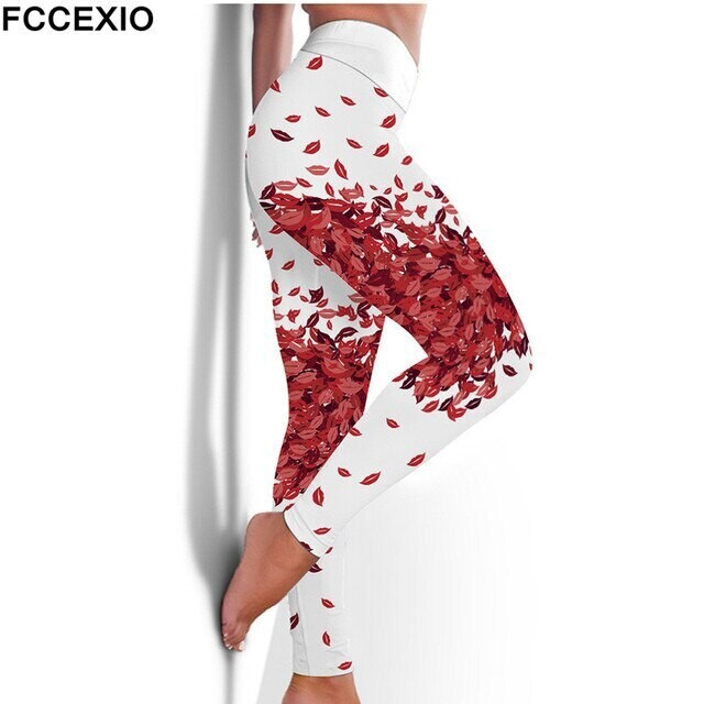 Fccexio High Waist Fitness Elastic Leggings A Lot Of Lip Prints 3d