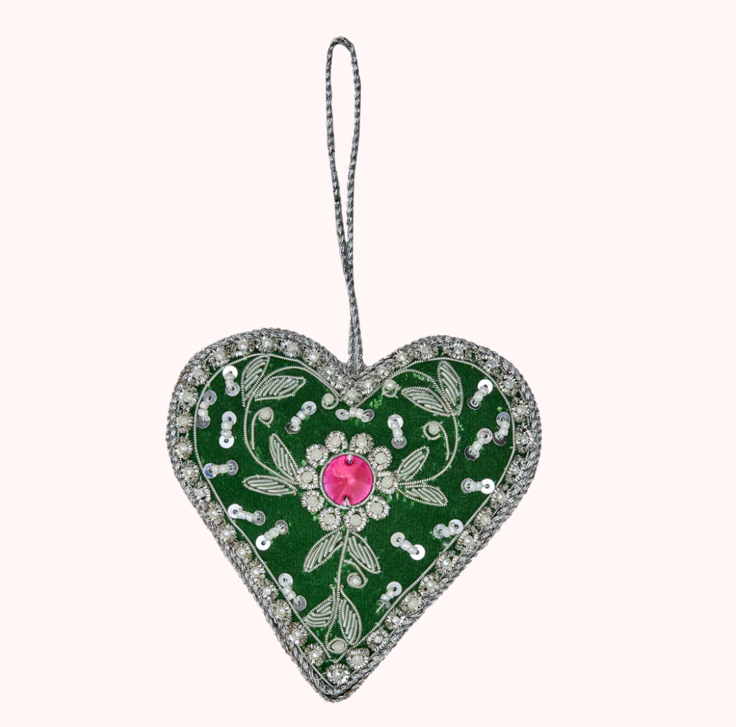 Décoration Coeur Velours vert à Perles