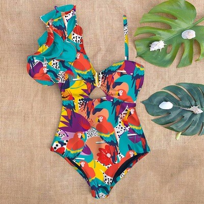2024 New  -  European And American One-shoulder Ruffled One-piece Swimsuit Women&#39;s Printing New High Waist Triangle One-piece