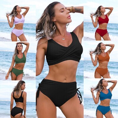 2024 New  -  Wuhuang Swimsuit New European And American Bikini Female Foreign Trade Sexy High Waist Solid Color Bikini Spot