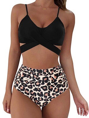 2024 New  - Swimsuit Leopard Print Cross High Waist Swimsuit Split Two-piece Swimsuit