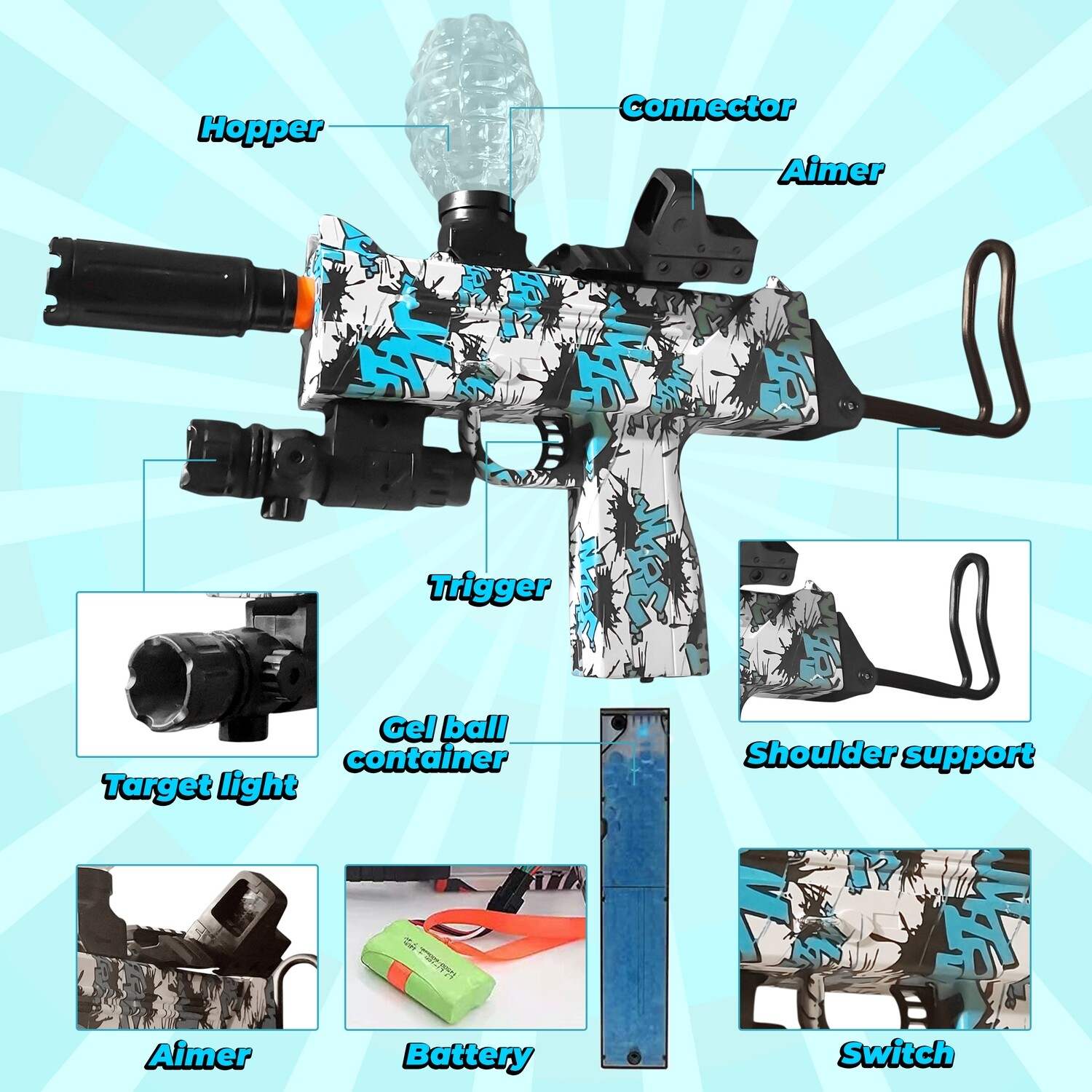 Electric Gel Blaster with Attachments Toy Kids &amp; Adult Global 10k Rounds - Blue