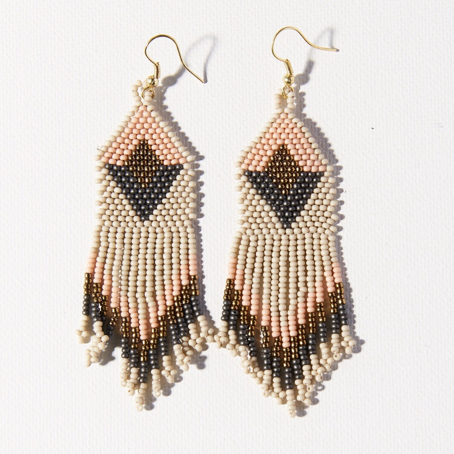 Ivory with grey pink diamond with fringe earring