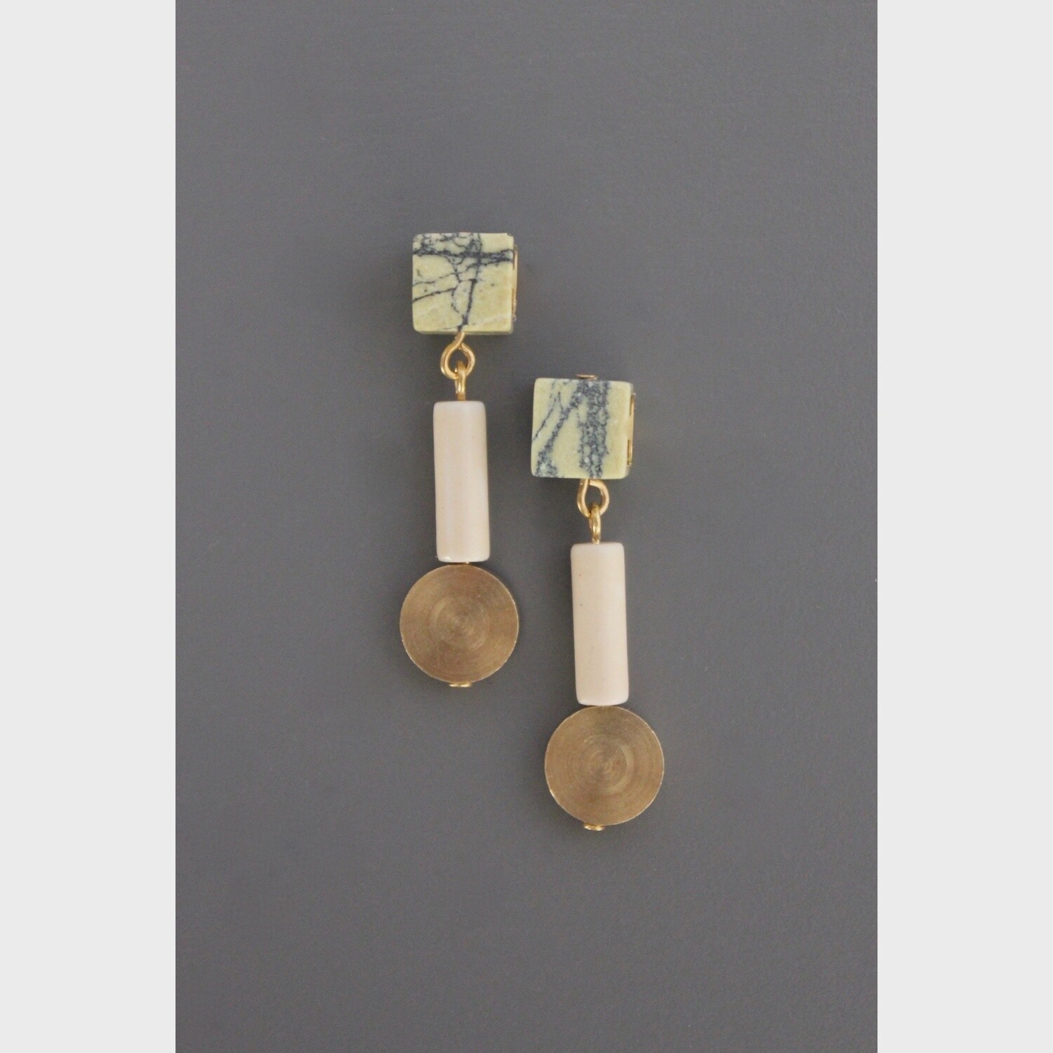 SAHE05 Geometric stone and brass post earrings