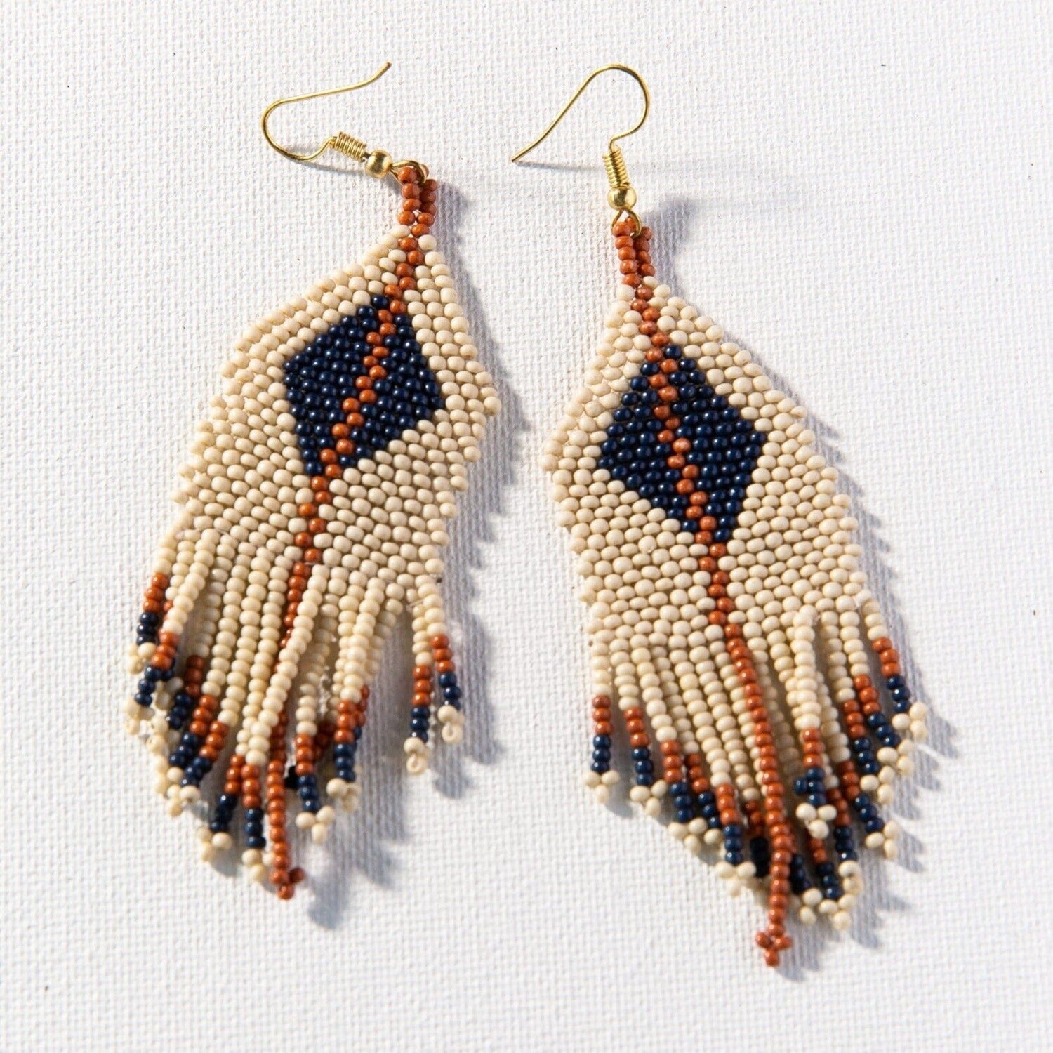 Ivory navy rust diamond with stripe fringe earring