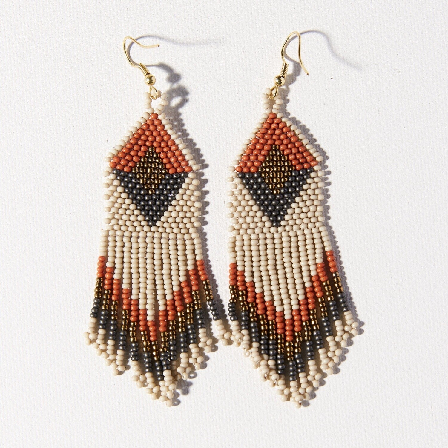 Ivory with rust grey diamond with fringe earrings