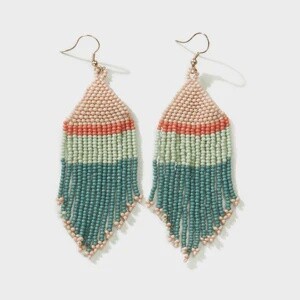 Teal Pink Mint with Coral Stripe Fringe Earring