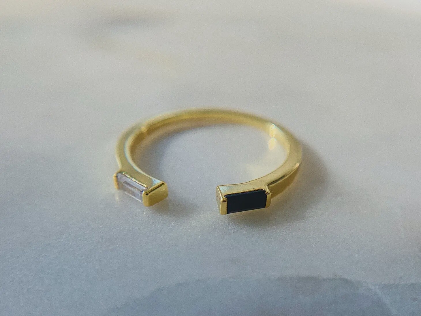 Black and White Baguette Stone Ring in 14K Gold