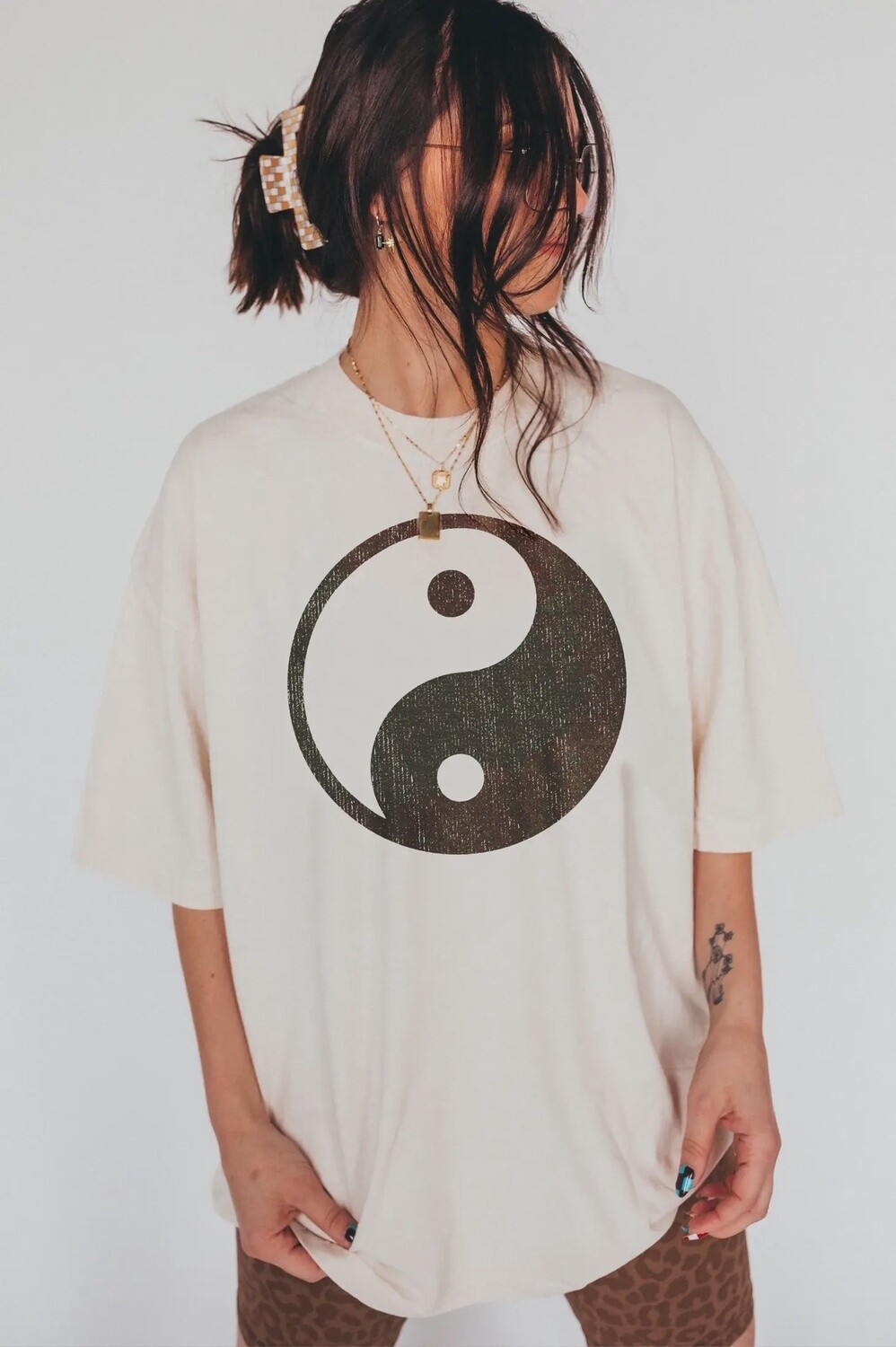 Yin Yang Oversized Boho Graphic Tee - Ivory