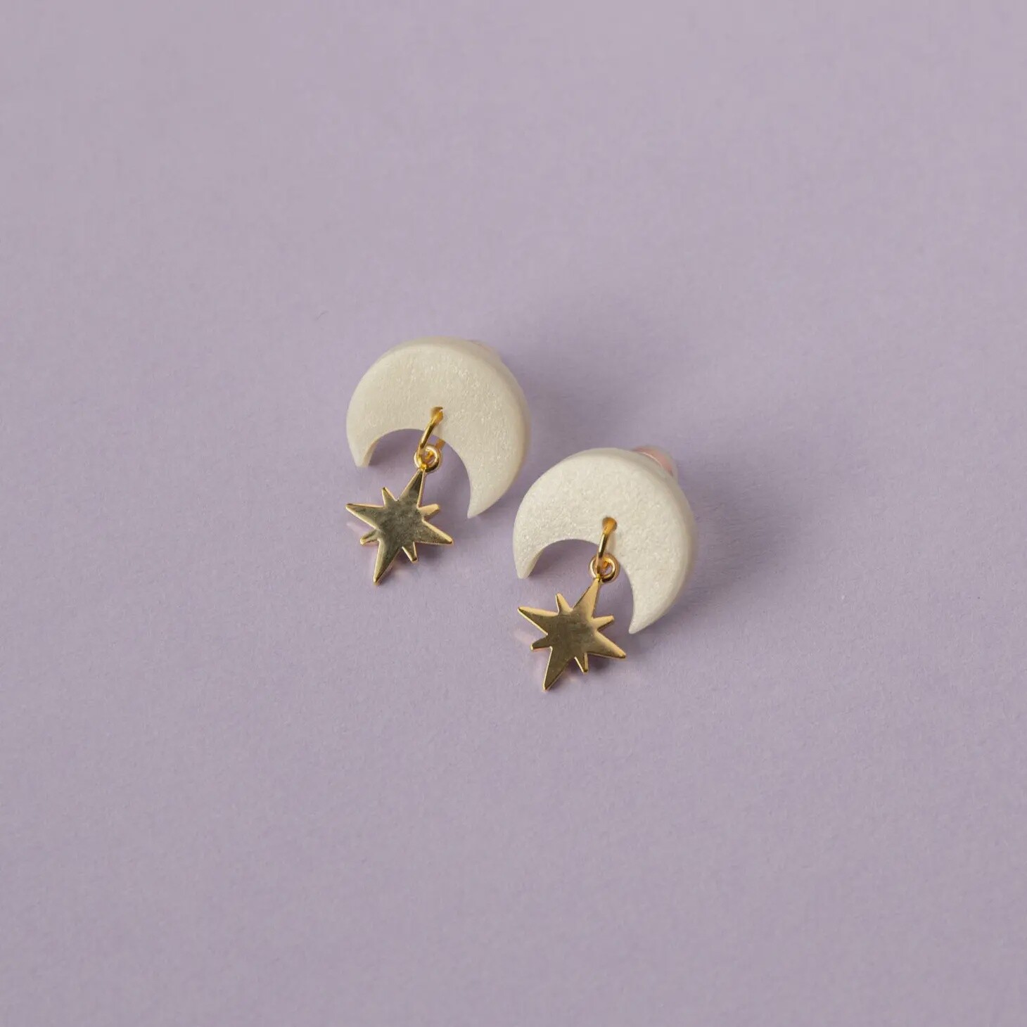 Celestial Gold Star Stud Earrings in Pearly White