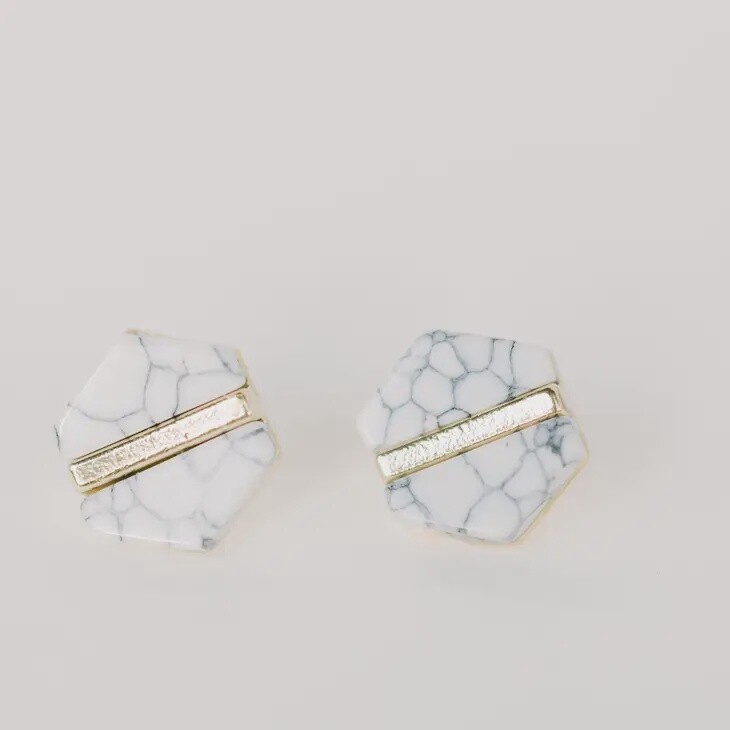 White Marble Hexagon Stud Earrings