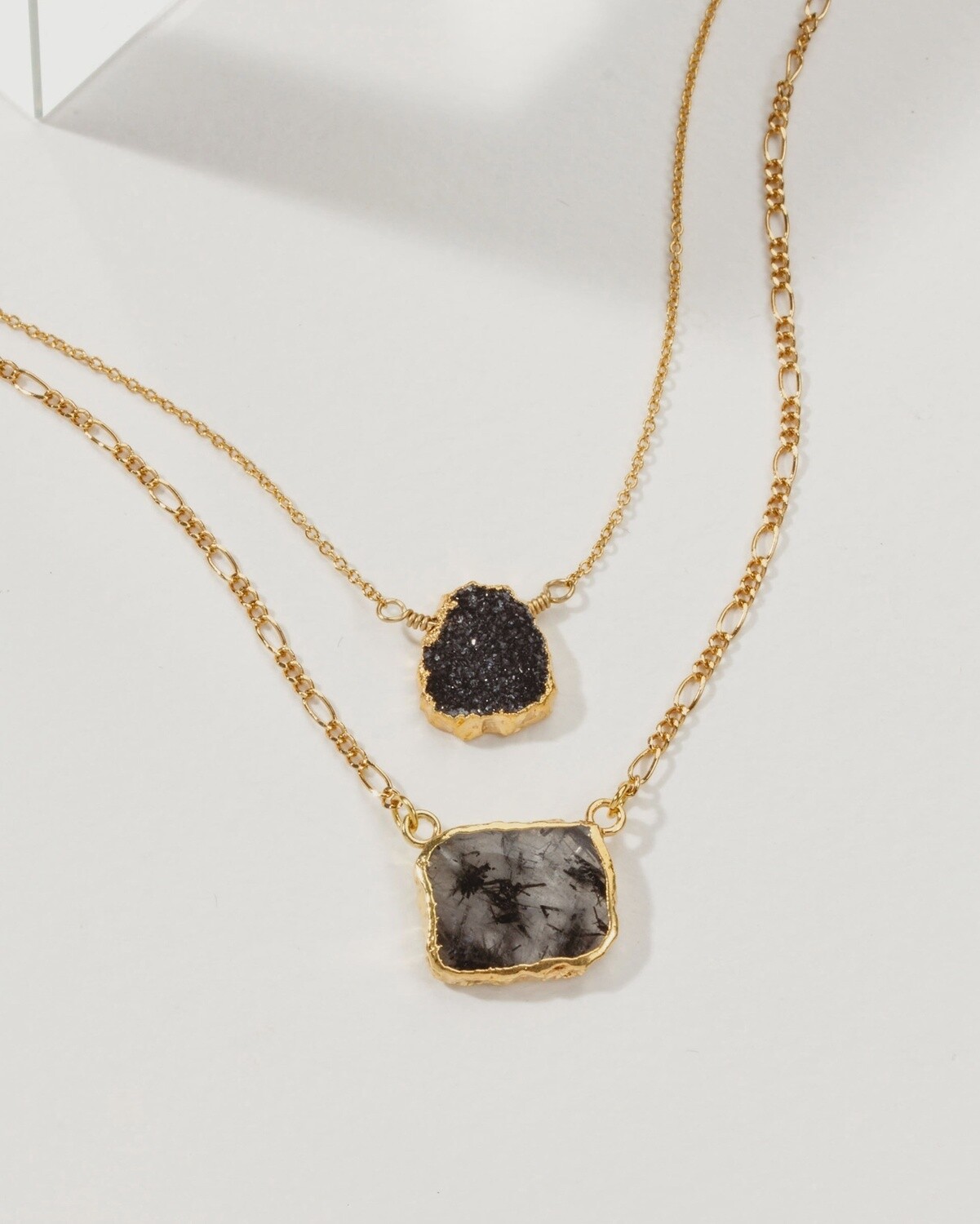 Power of Two Necklace Set - Druzy &amp; Tourmalinated Quartz