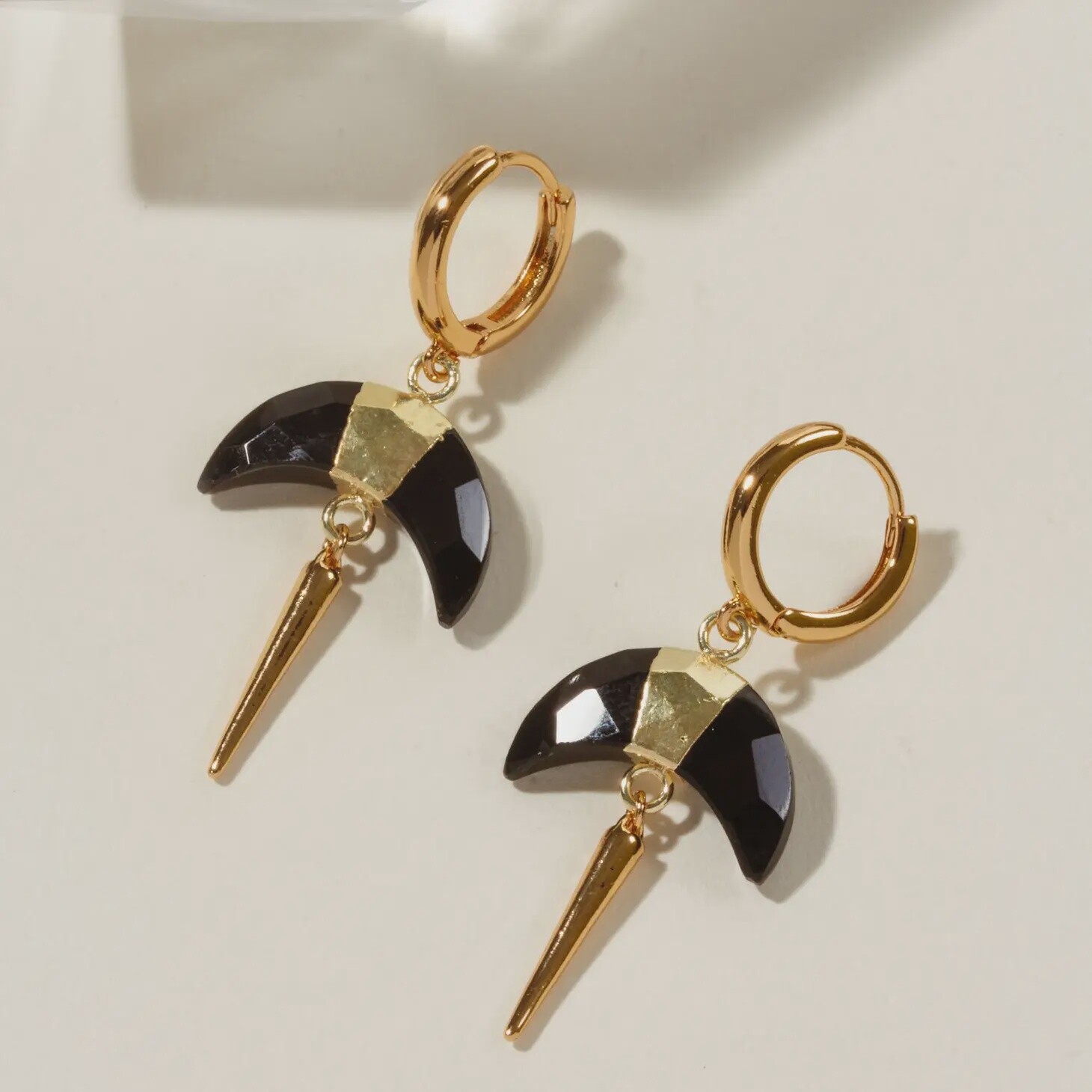 Crescent Horn Spike Huggie Hoop Earrings, Gemstone: Onyx