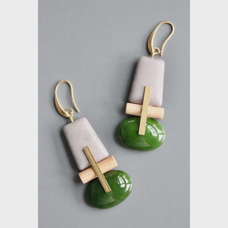 Hunter Green Glass and Gray Earrings