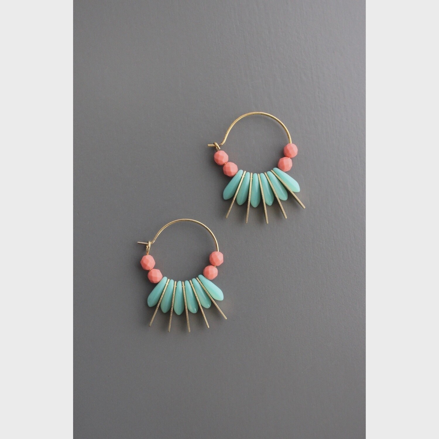 Turquoise and Coral Glass Small Hoop Earrings