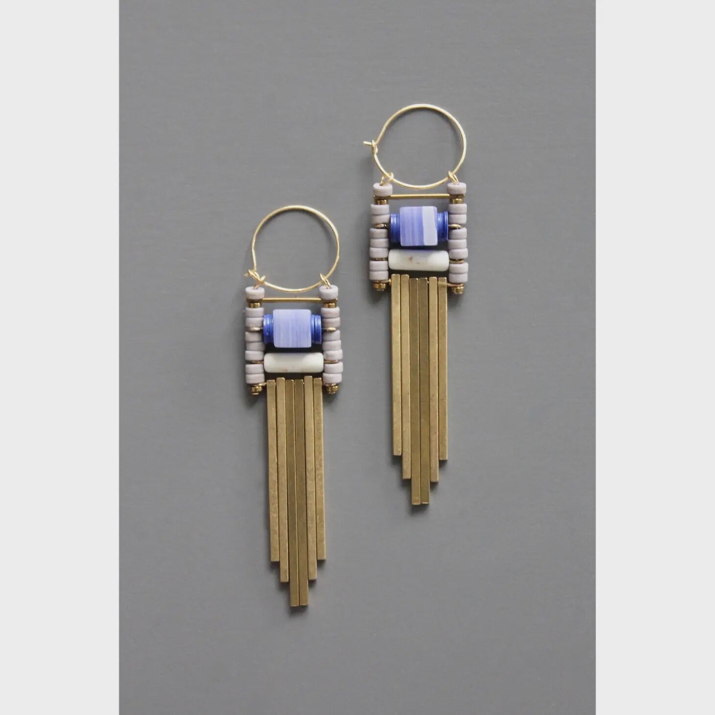Geometric Lavender and Brass Hoop Earrings