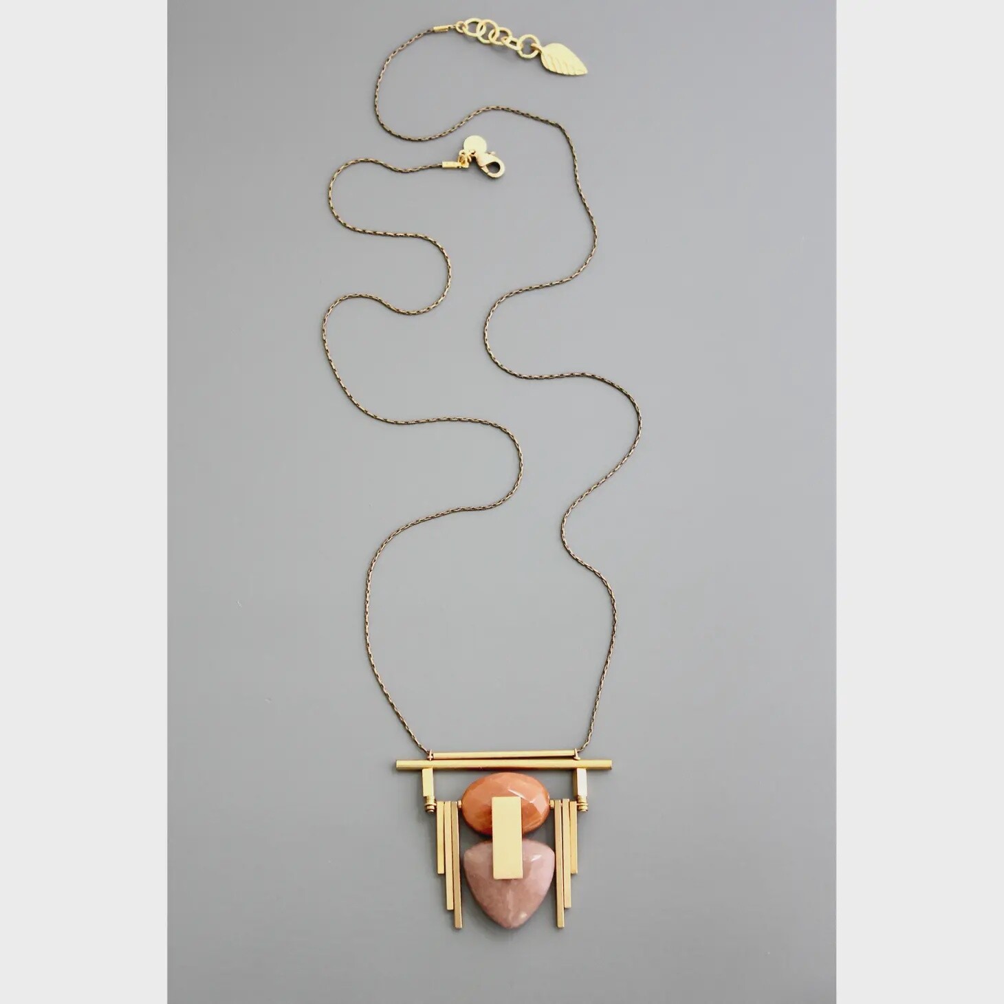 Geometric brass and jade pendant necklace