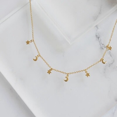 Star and Moon Choker Necklace in Gold