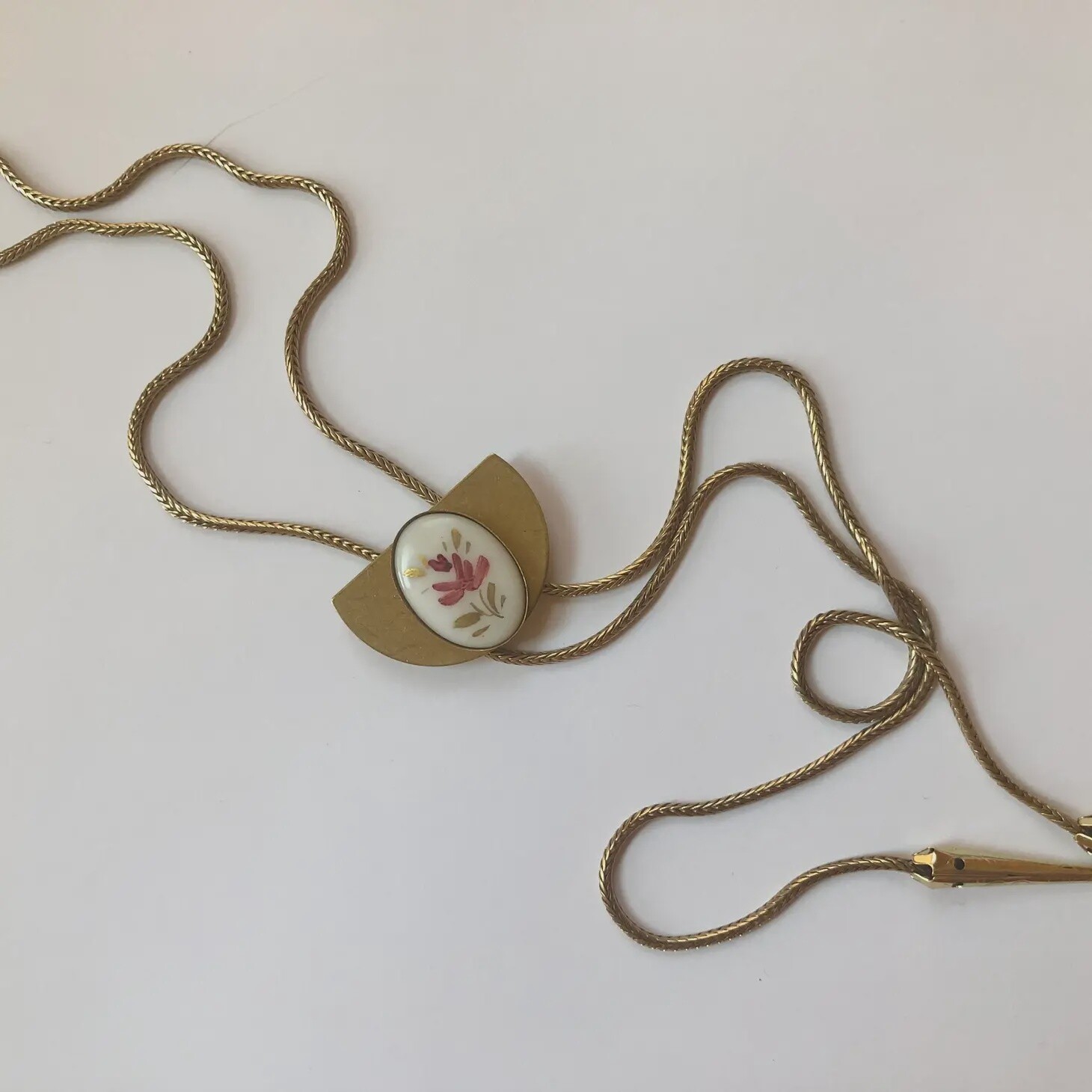 Vintage Painted Floral Glass + Half Moon Snake Chain Bolo