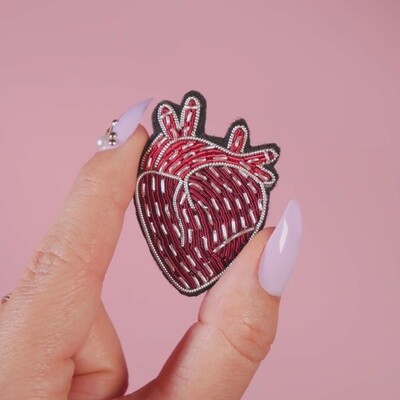 Human Heart Brooch - Handmade Cranberry Embroidery