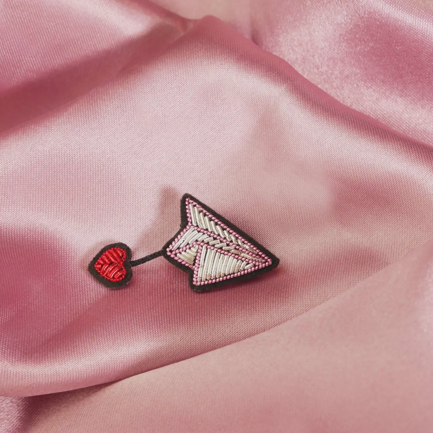 Handmade Mini Airplane &amp; Heart Brooch with Cranberry Embroidery