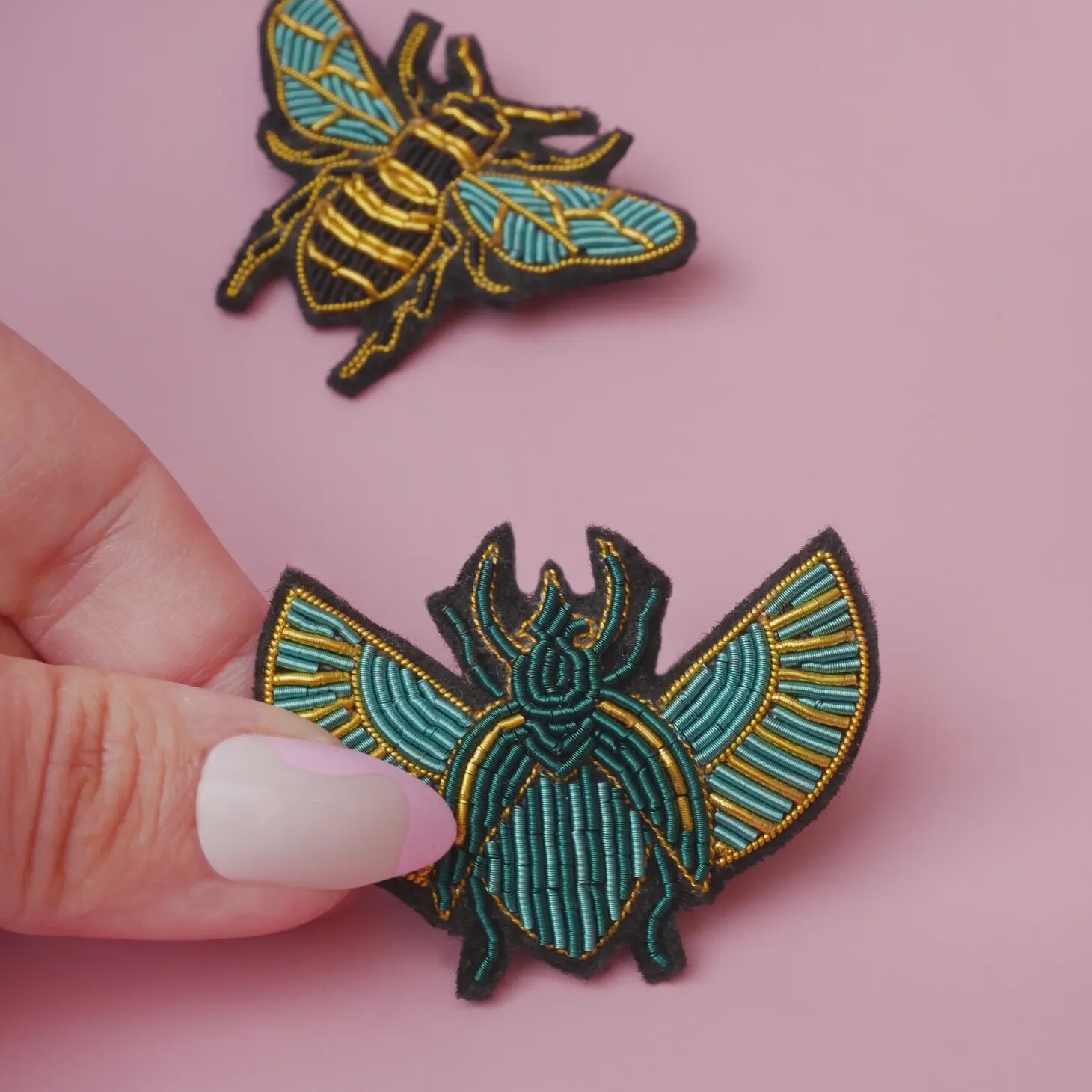 Beetle brooch - handmade cranberry embroidery