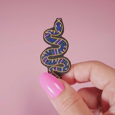 Snake Brooch - Handmade Cranberry Embroidery