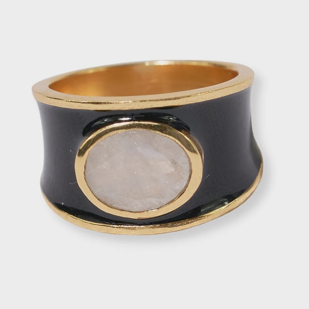 Hazel Oval Stone With Enamel Band Ring Black/Clear