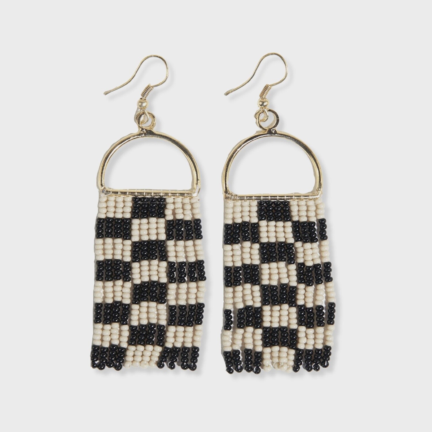 Allison Checkered Beaded Fringe Earrings Black