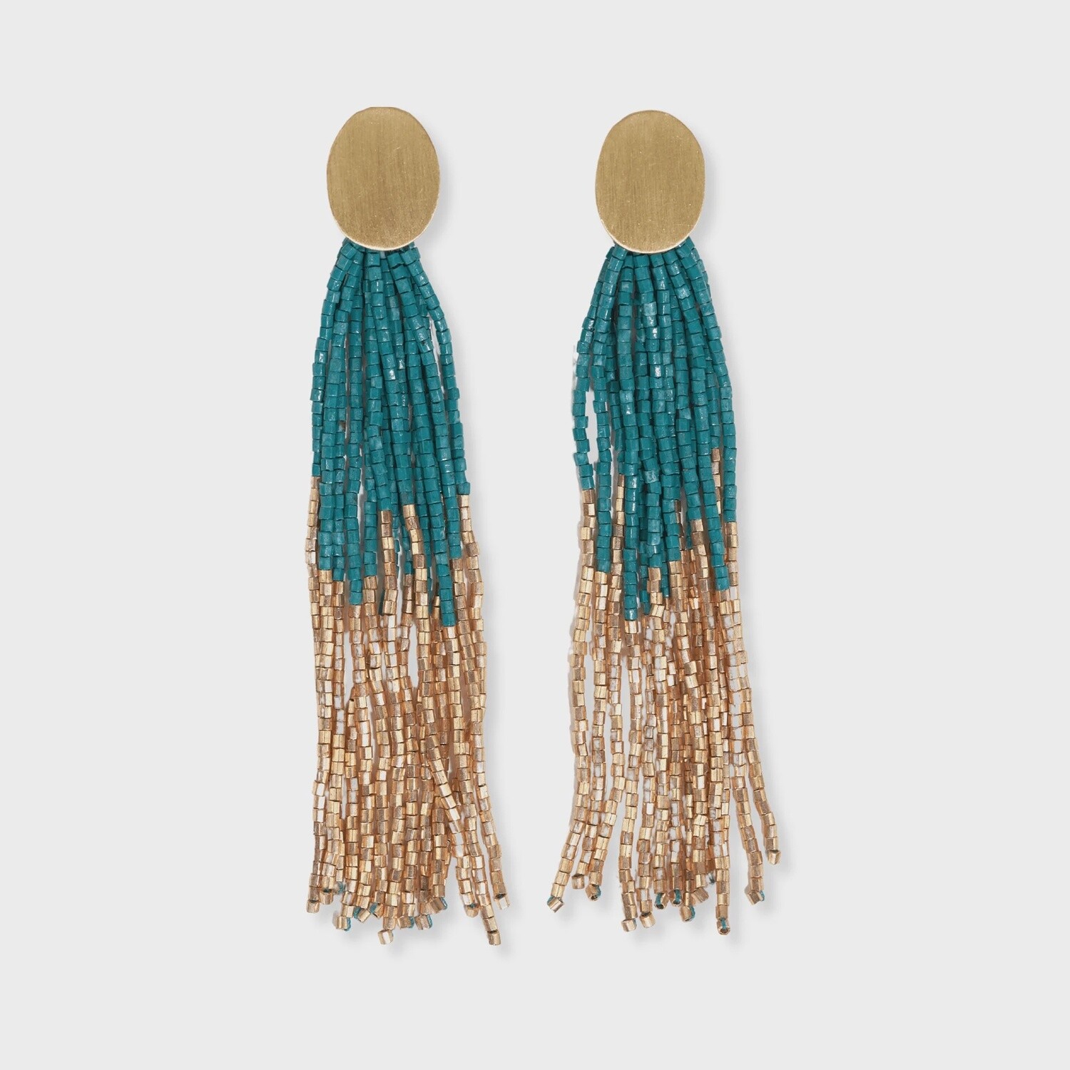 Mae Oval Brass Post 2-Color Beaded Tassel Earrings