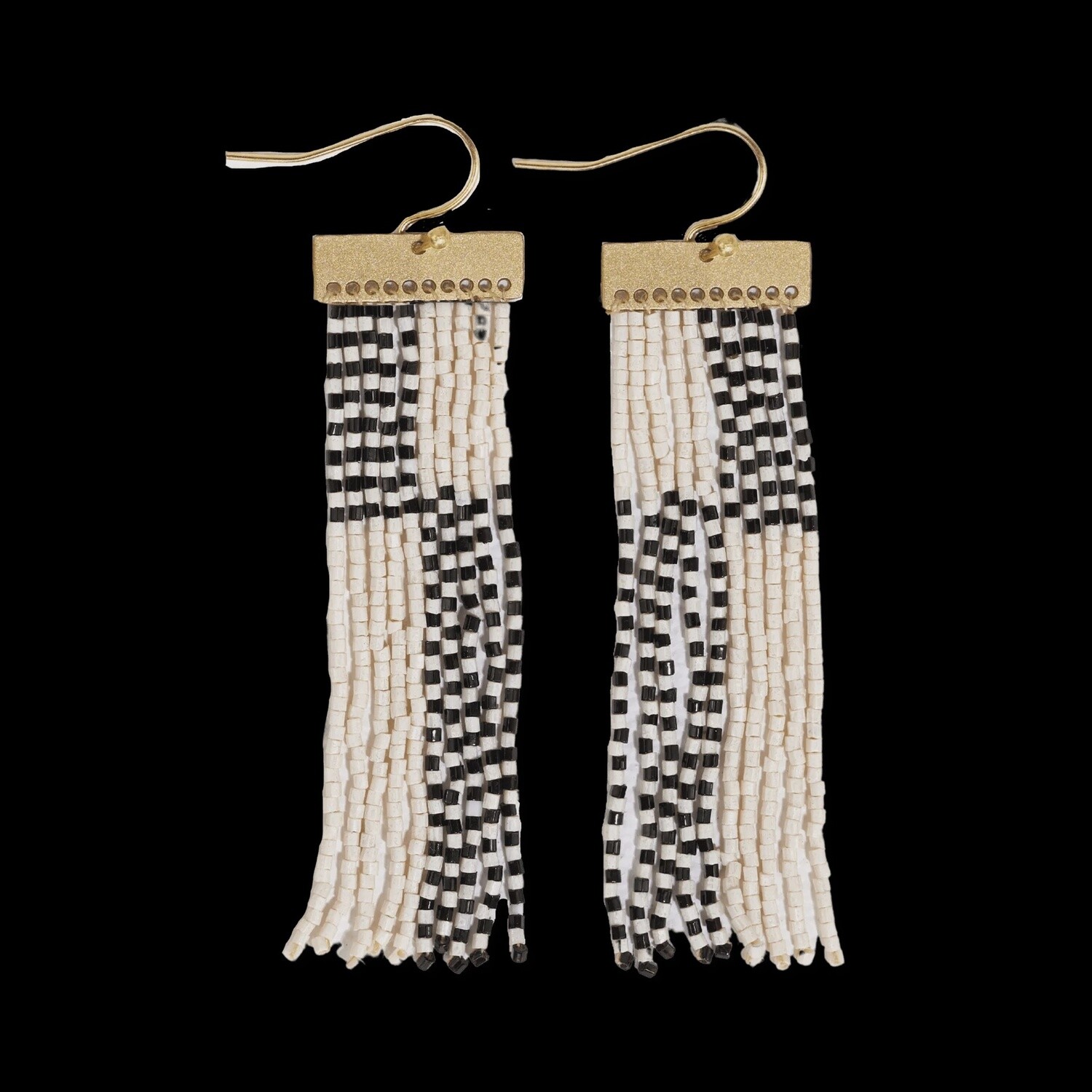 Lana Rectangle Hanger Colorblocks With Stripes Beaded Fringe Earrings Ivory/Gold