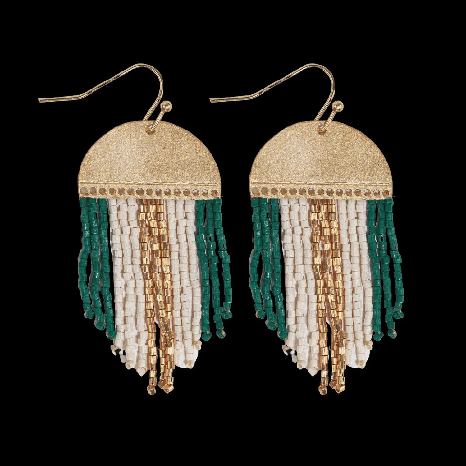 4	 Claudia 3 Color Stripe Short Beaded Fringe Earrings Emerald