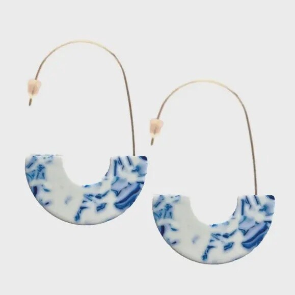 Blue and White Marble Threader Minimalist Statement Earrings